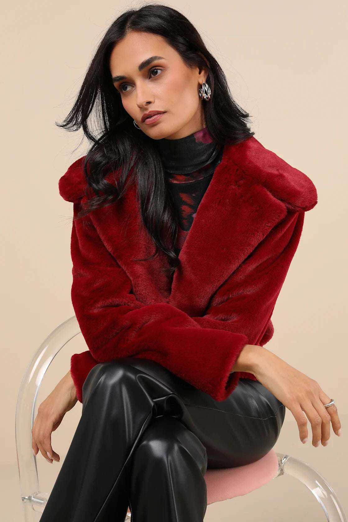 Cuddly Sensation Wine Red Faux Fur Cropped Jacket