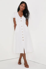 Sicily Sweetheart White Button-Front Puff Sleeve Midi Dress